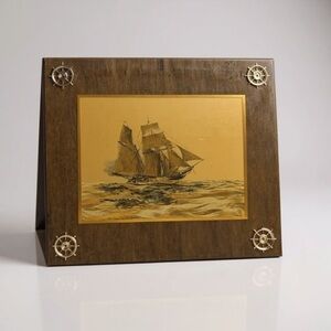 Vintage Nautical Wall Art Ship Print on Wood Frame with Brass Helm Accents